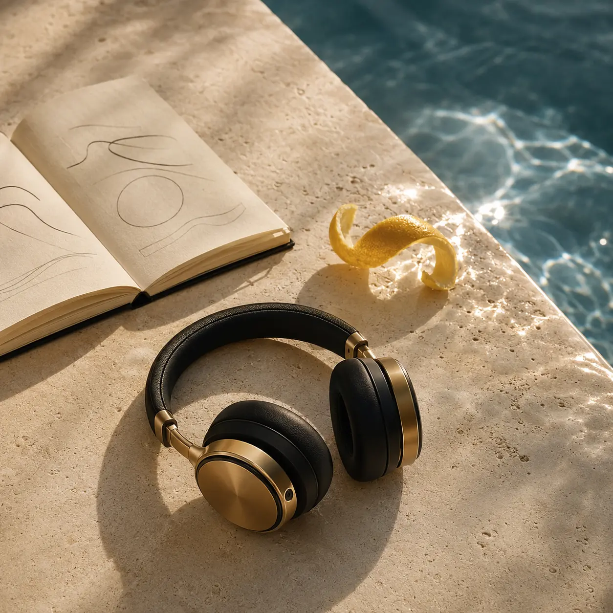 Headphones in Mediterranean sunlight